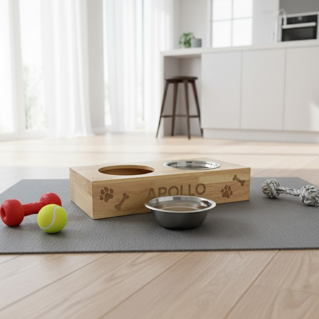 Personalised Wooden Raised Double Dog Bowl