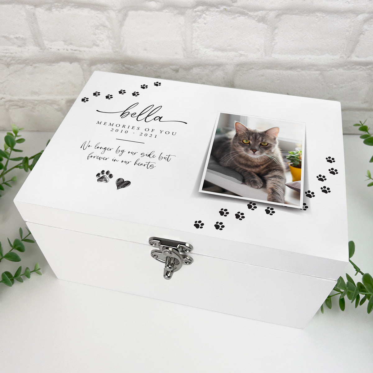 Personalised Paw Prints Pet Memorial White Wooden Photo Memory Box - 3 Sizes (22cm | 27cm | 30cm)