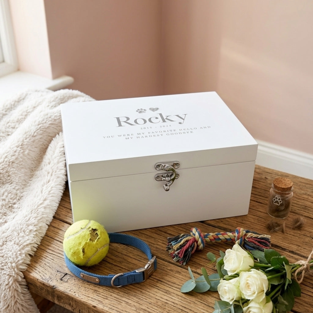 Personalised Sketch Pet Memorial White Wooden Keepsake Box - 3 Sizes (22cm | 27cm | 30cm)
