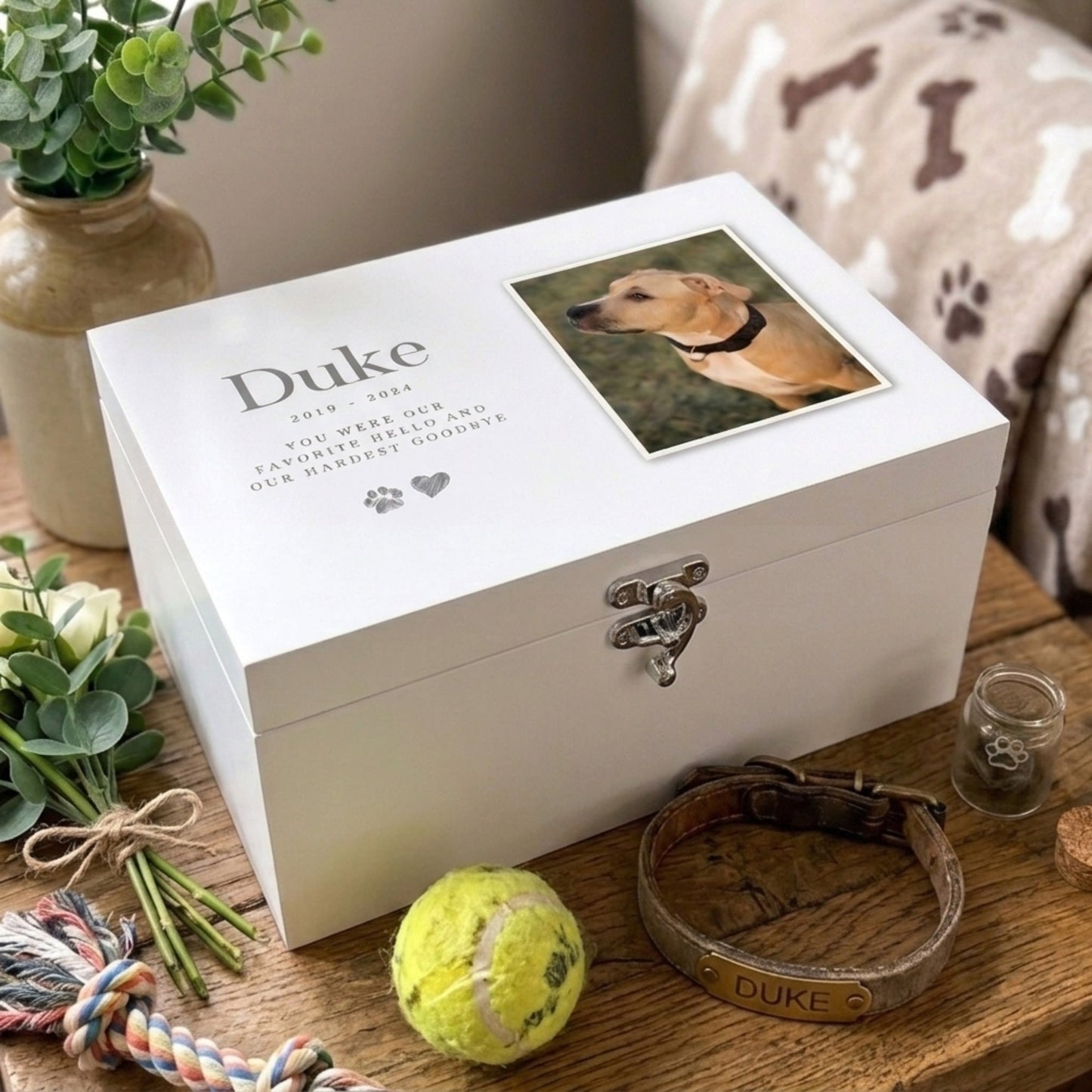 Personalised Sketch Pet Photo White Wooden Memorial Keepsake Box - 3 Sizes (22cm | 27cm | 30cm)