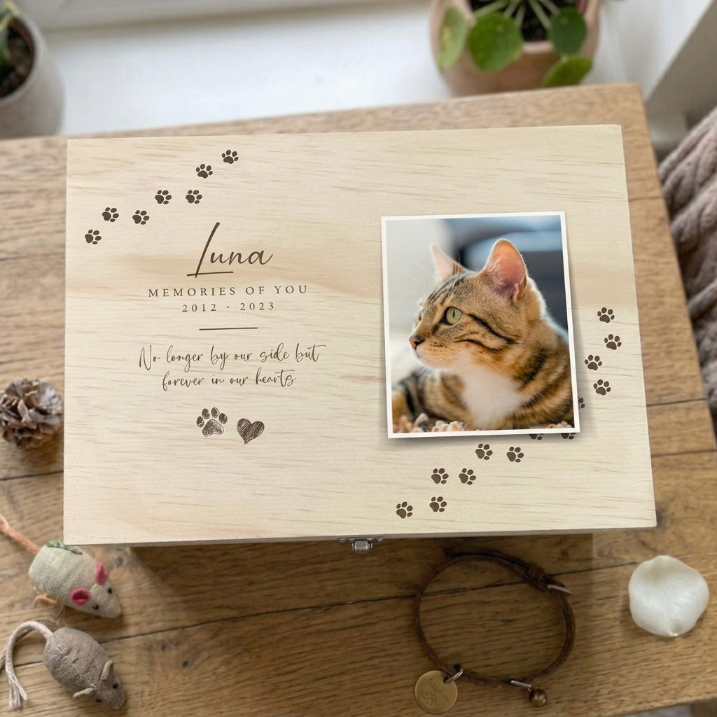 Personalised Paw Prints Pine Wooden Pet Memorial Photo Memory Box - 5 Sizes (16cm | 20cm | 26cm | 30cm | 36cm)