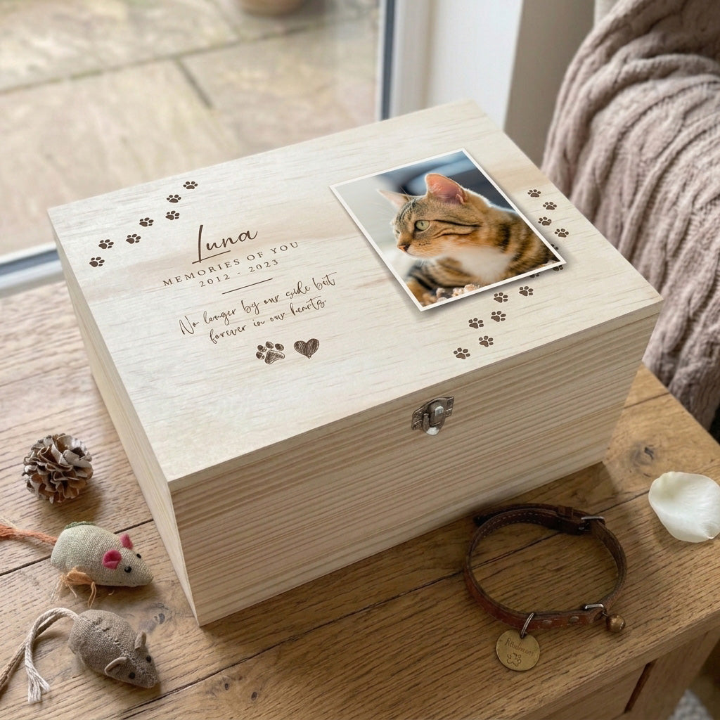 Personalised Paw Prints Pine Wooden Pet Memorial Photo Memory Box - 5 Sizes (16cm | 20cm | 26cm | 30cm | 36cm)