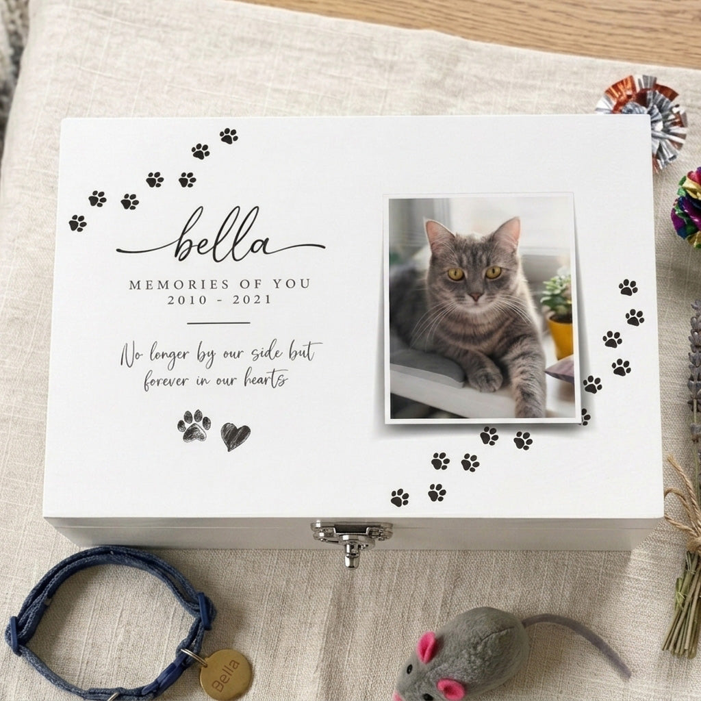 Personalised Paw Prints Pet Memorial White Wooden Photo Memory Box - 3 Sizes (22cm | 27cm | 30cm)