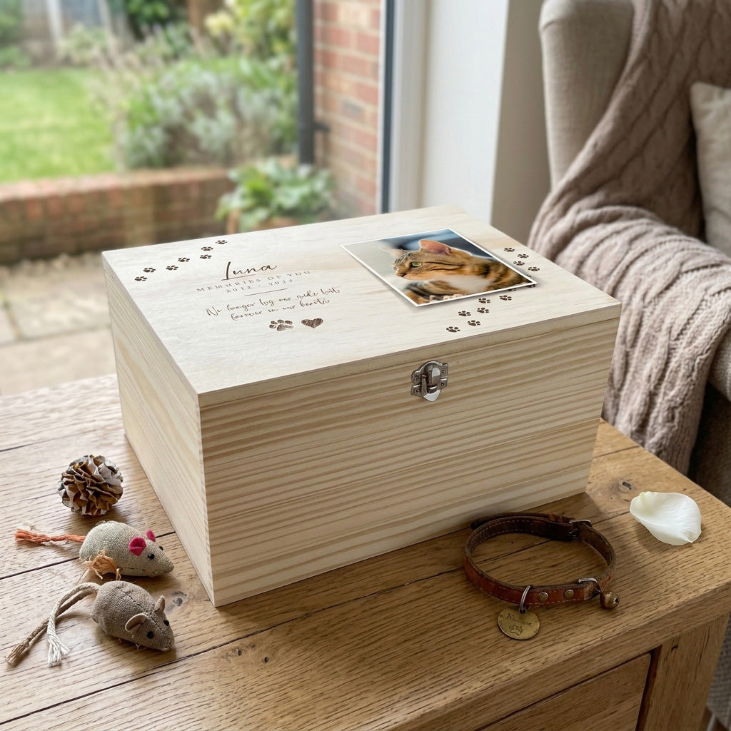 Personalised Paw Prints Pine Wooden Pet Memorial Photo Memory Box - 5 Sizes (16cm | 20cm | 26cm | 30cm | 36cm)