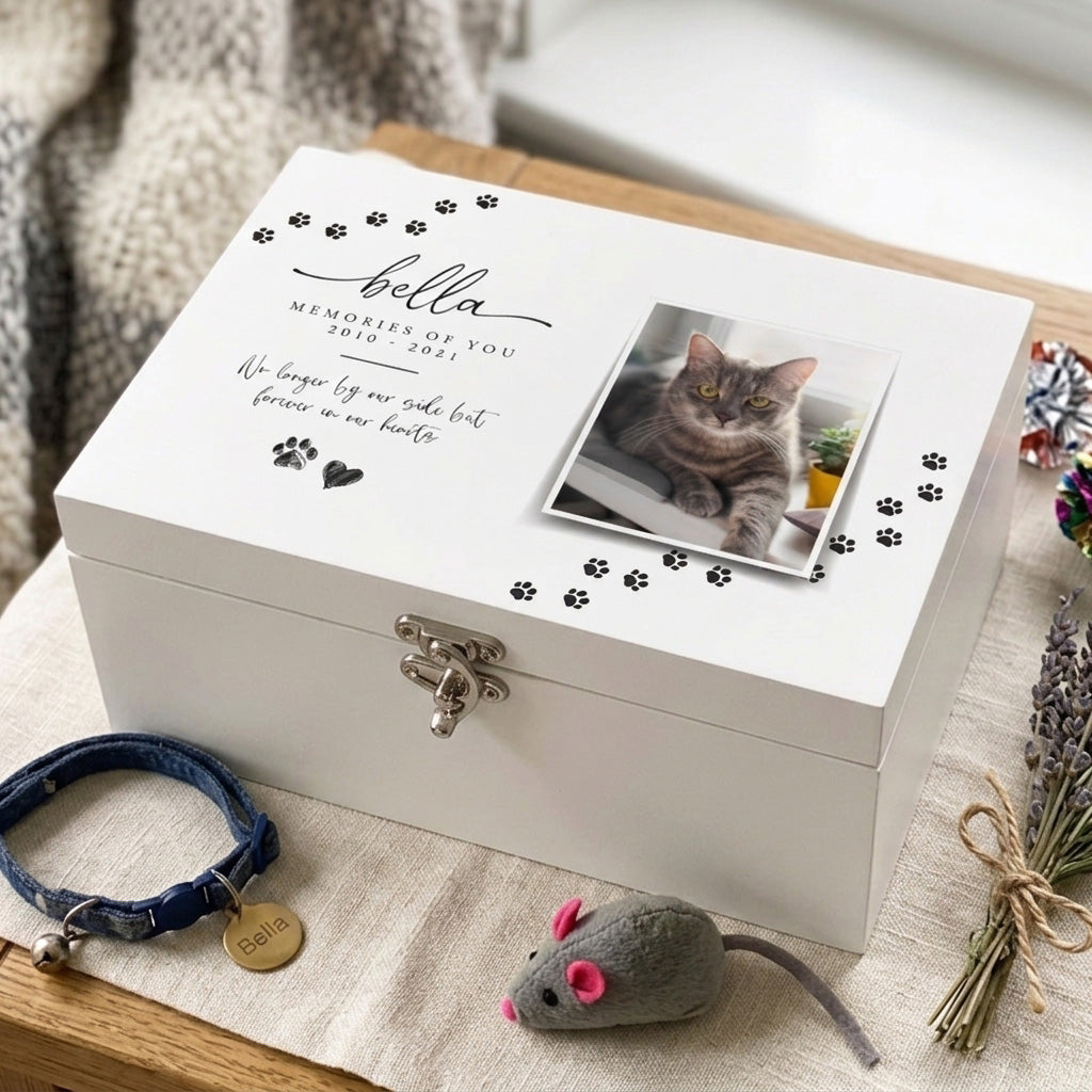 Personalised Paw Prints Pet Memorial White Wooden Photo Memory Box - 3 Sizes (22cm | 27cm | 30cm)