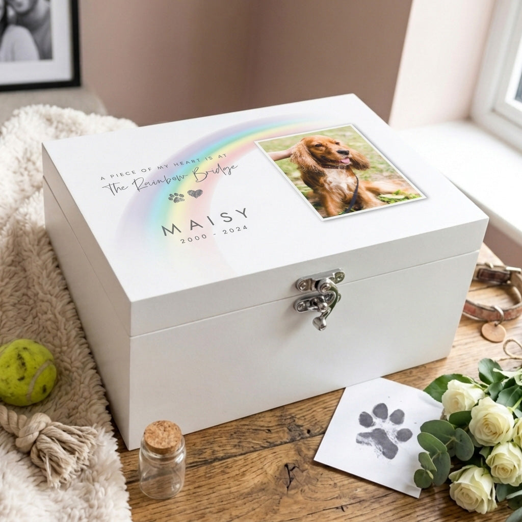Personalised Rainbow Bridge Pet Photo White Wooden Memorial Keepsake Box - 3 Sizes (22cm | 27cm | 30cm)