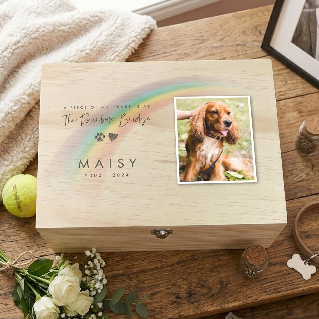 Personalised Soft Rainbow Bridge Photo Pet Keepsake Box - 5 Sizes (16cm | 20cm | 26cm | 30cm | 36cm)