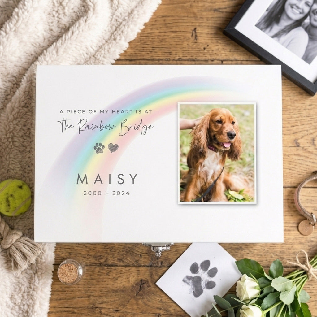 Personalised Rainbow Bridge Pet Photo White Wooden Memorial Keepsake Box - 3 Sizes (22cm | 27cm | 30cm)