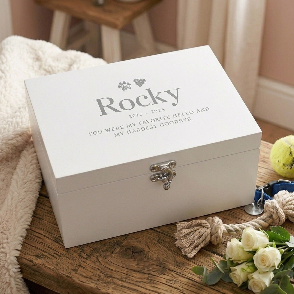 Personalised Sketch Pet Memorial White Wooden Keepsake Box - 3 Sizes (22cm | 27cm | 30cm)
