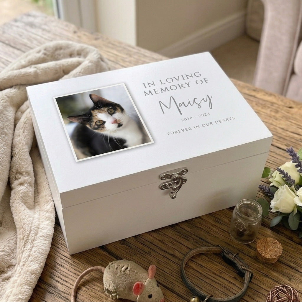 Personalised In Loving Memory Of Pet Photo White Wooden Memorial Keepsake Box - 3 Sizes (22cm | 27cm | 30cm)