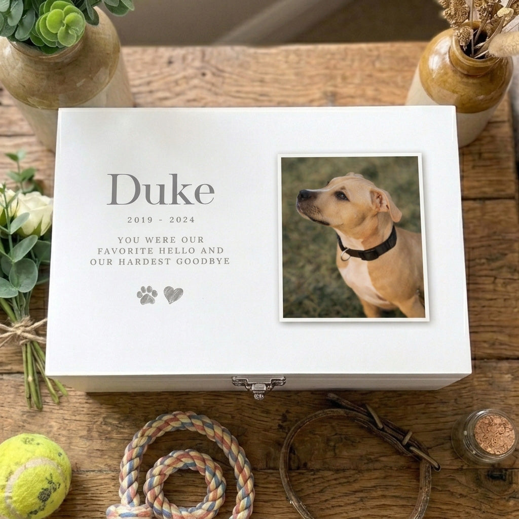Personalised Sketch Pet Photo White Wooden Memorial Keepsake Box - 3 Sizes (22cm | 27cm | 30cm)