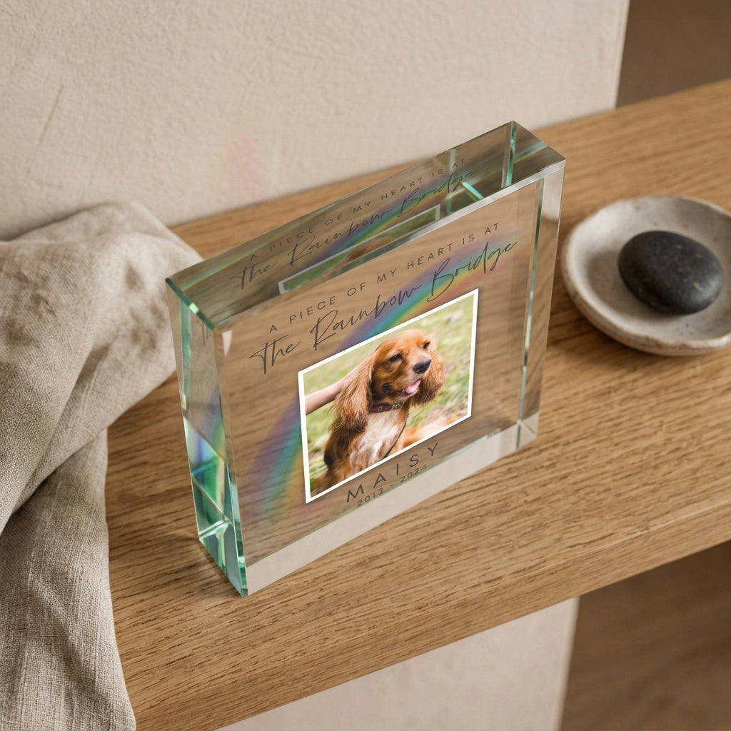 Personalised Pet Memorial Rainbow Bridge Photo Crystal Token
