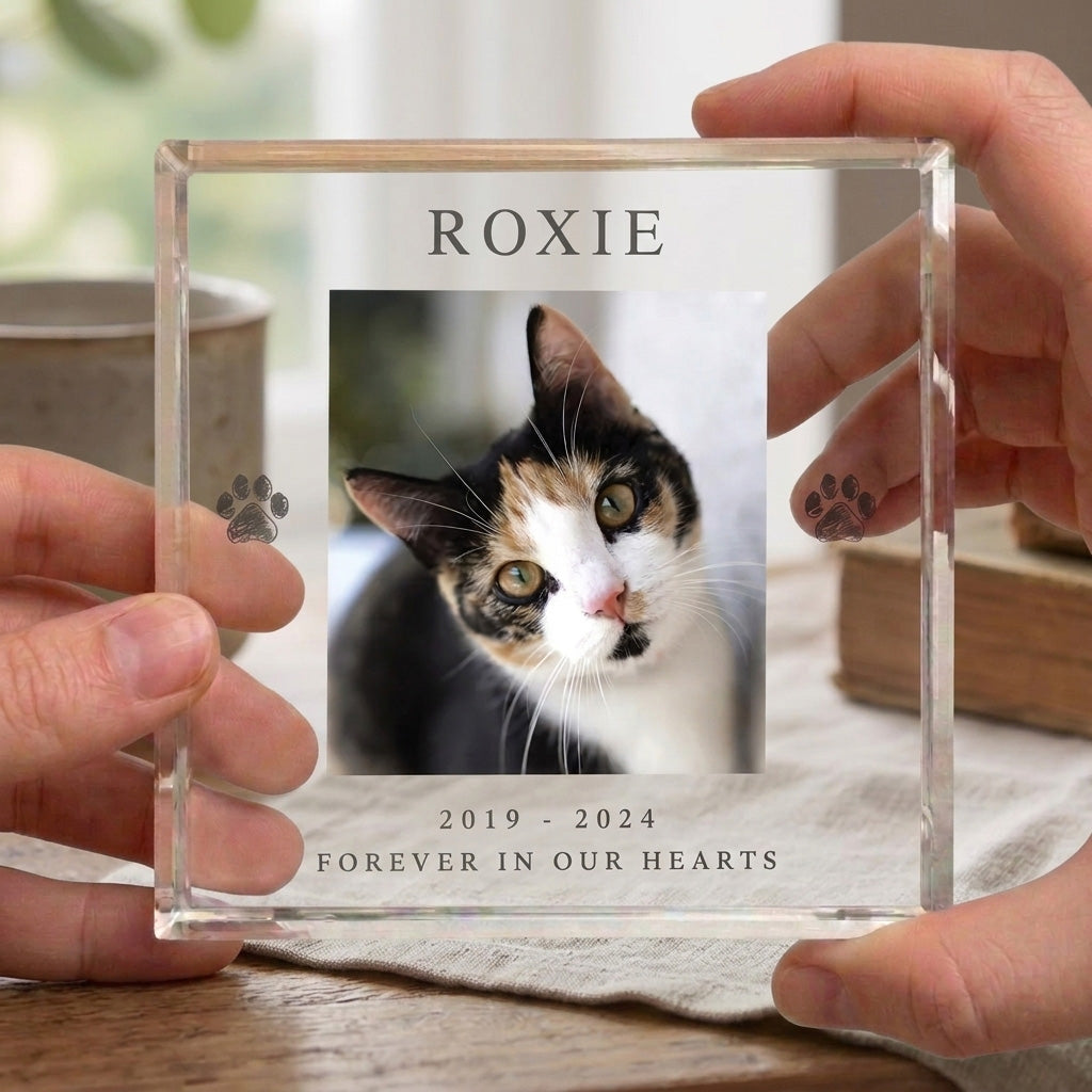 Personalised Pet Paw Prints Memorial Photo Crystal Token
